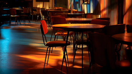 Fading light on empty tables and chairs in jazz club