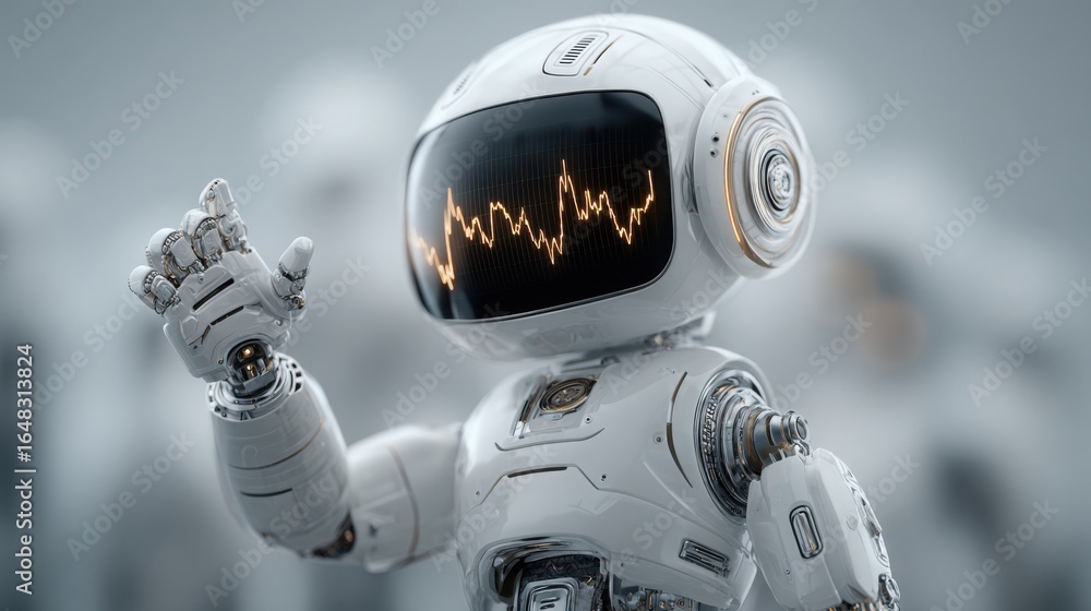 Poster robot displaying a heartbeat line representing health monitoring and economic insights in a futurist