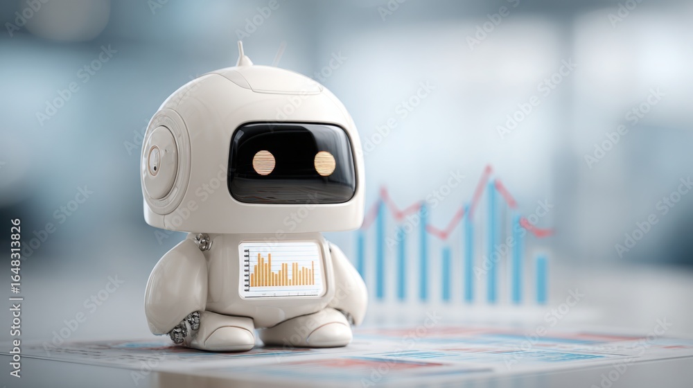 Leinwandbilder robot sitting on a table presenting economic dashboard insights and visual data representation in a 