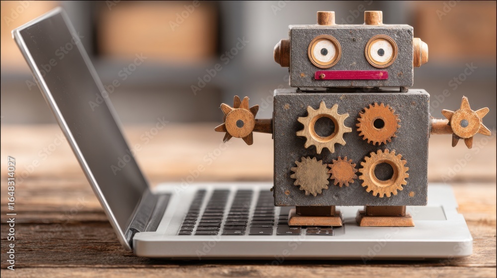 Poster ai financial engine bot concept with a robot working on a laptop illustrating advanced financial tec