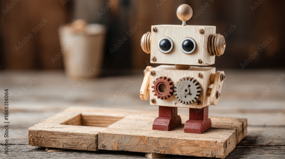 Poster charming wooden toy robot illustrating creativity and playfulness in the realm of robotics and artif