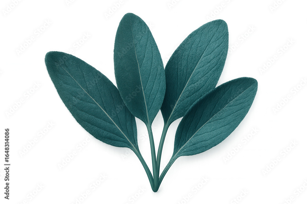 Poster Four teal sage leaves are arranged in a fan shape against a transparent background, creating a visually appealing composition