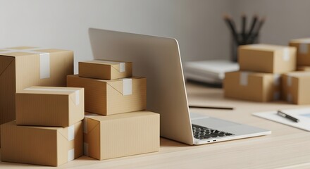 E-commerce business concept with a laptop and stacked cardboard boxes on a wooden desk for shipping and delivery.