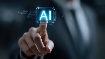 Person touching a button with a finger illustrating ai finance co-pilot concept for streamlined financial management