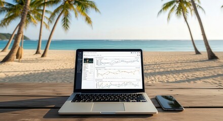 Laptop with business analytics dashboard on tropical beach Open laptop displaying data analytics and business charts on a desk by the ocean with palm trees and sunset in the background. Concept of rem