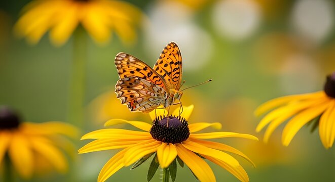 Elegant butterfly sipping nectar from a vibrant yellow Black-Eyed Susan flower in nature - Powered by Adobe