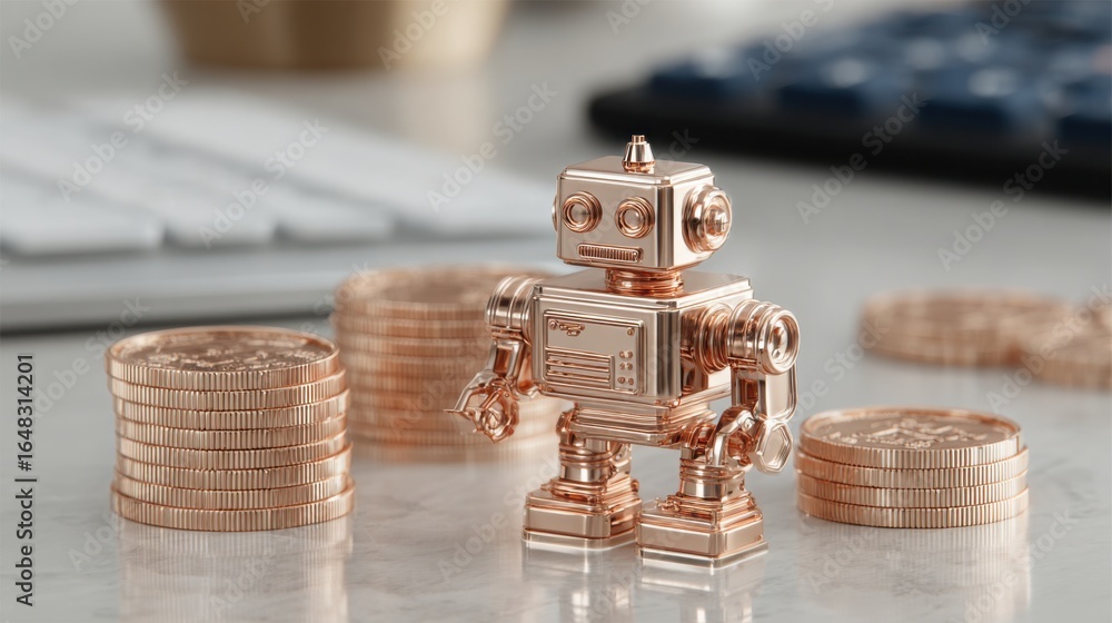 Poster ambitious robot standing on a pile of coins representing the ai gold strategy bot concept for invest
