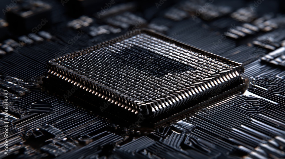 Poster detailed close-up of a computer chip featuring complex circuits and connections ideal for technology