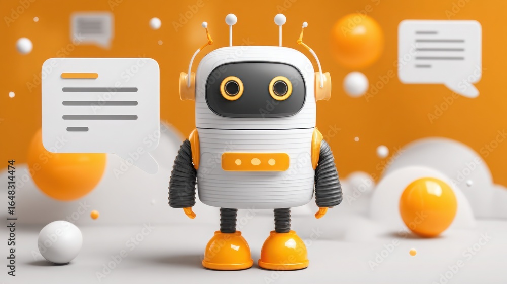 Poster robot with a speech bubble delivering insights and valuable information in the realm of financial ad