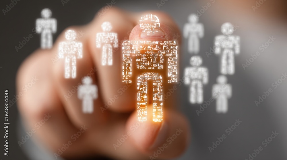 Poster person touching a touch screen interface in a futuristic setting to explore ai investment opportunit
