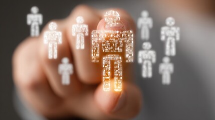 Person touching a touch screen interface in a futuristic setting to explore ai investment opportunities and analytics