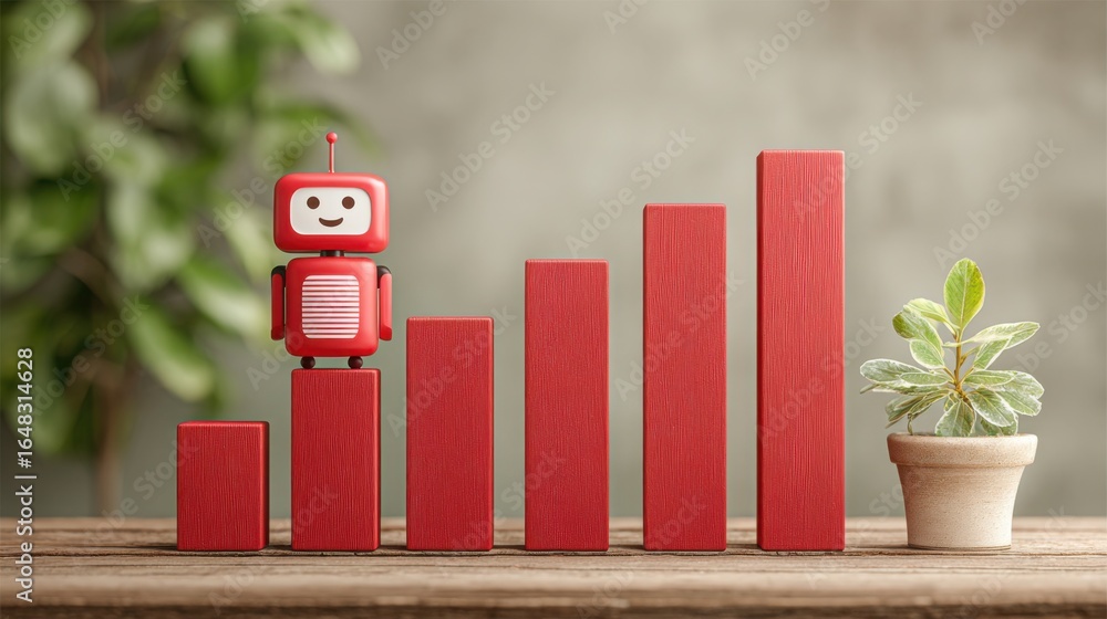 Poster advanced robot standing on a bar chart representing ai market analyst concept for data and financial