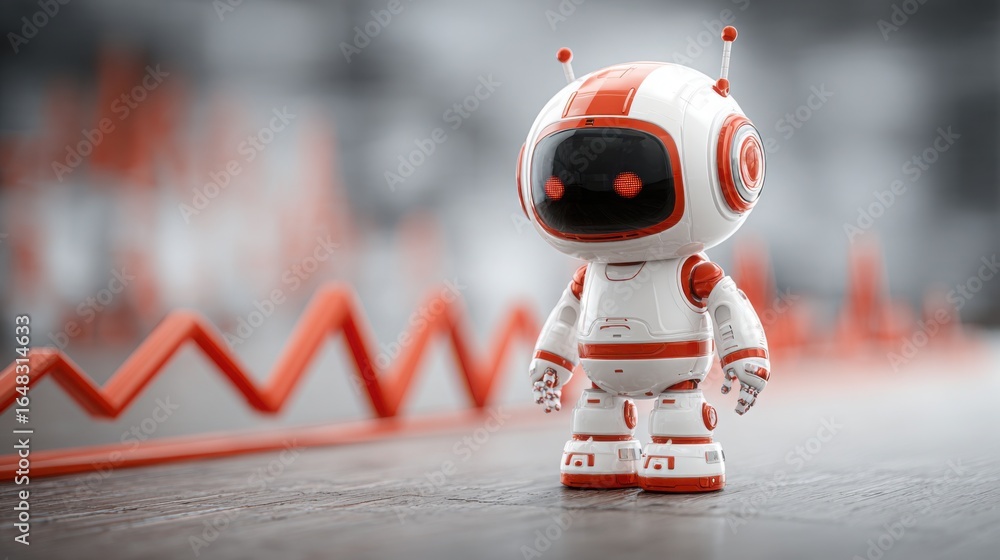 Poster futuristic robot standing on a table representing ai market forecast bot concept for financial predi