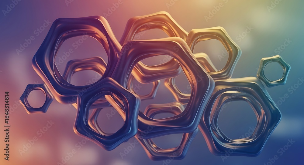 Fototapete elegant and glossy 3d rendering of interconnected metallic hexagonal shapes design concept