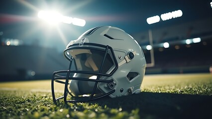 A dramatic low-angle shot of a football helmet on turf, capturing sports energy and intensity.