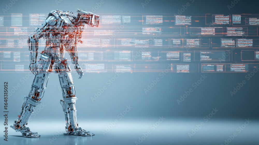 Aufkleber futuristic robot standing in front of a digital background representing advanced ai productivity opt