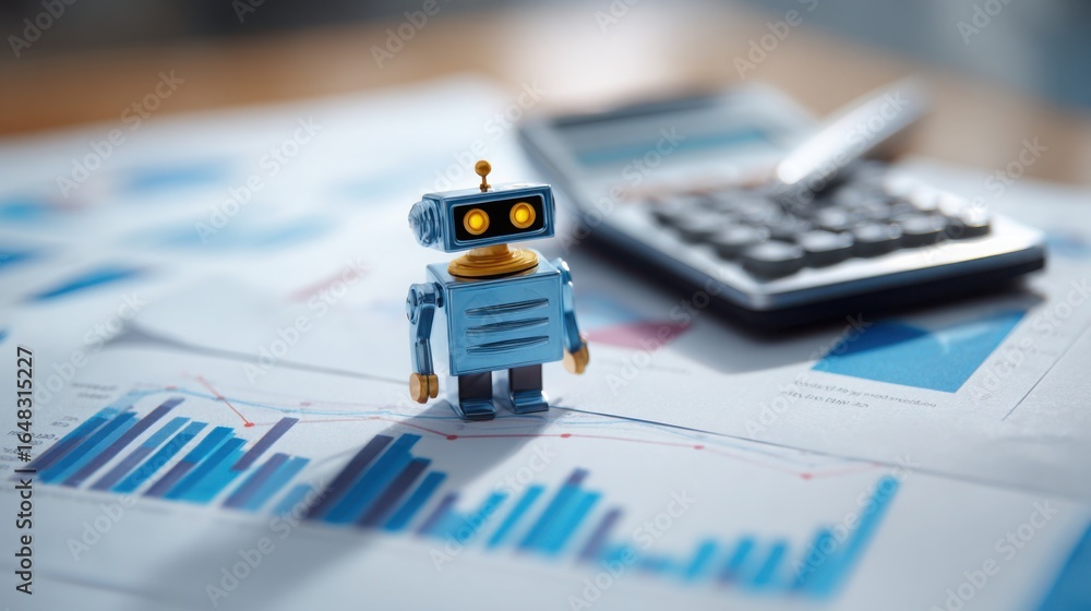 Poster robot standing on a table representing the concept of ai technology for revenue forecasting and fina