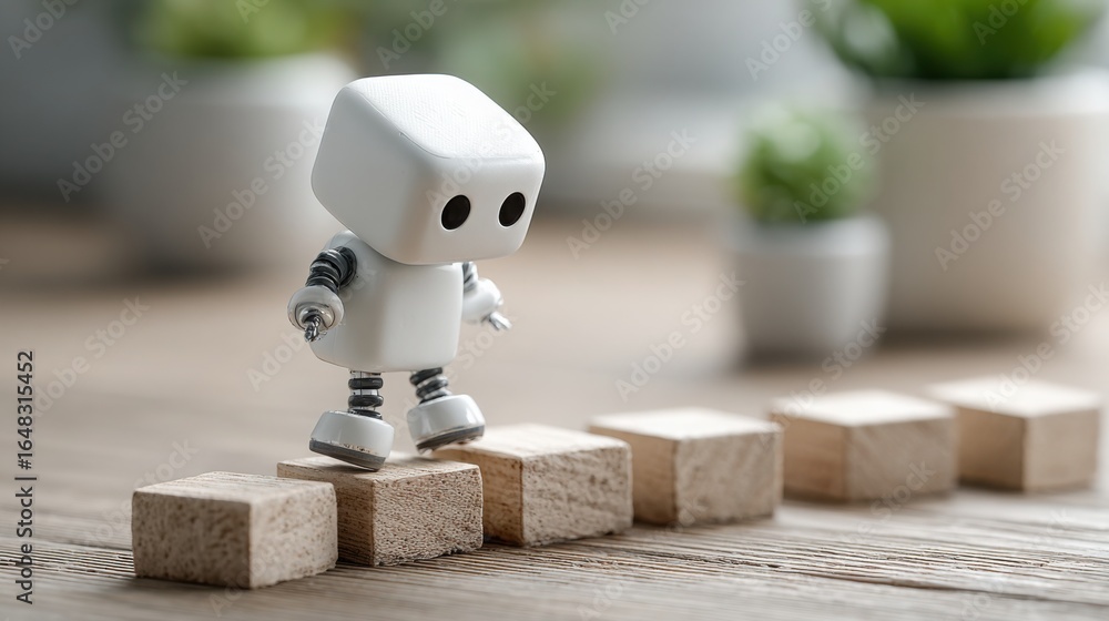 Poster robot standing on a block symbolizing the foundation of startup success with ai support for growth a