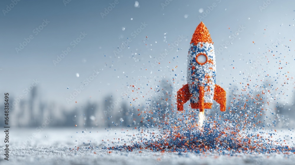 Poster rocket in the snow representing a unique launchpad concept for startups with ai technology and creat
