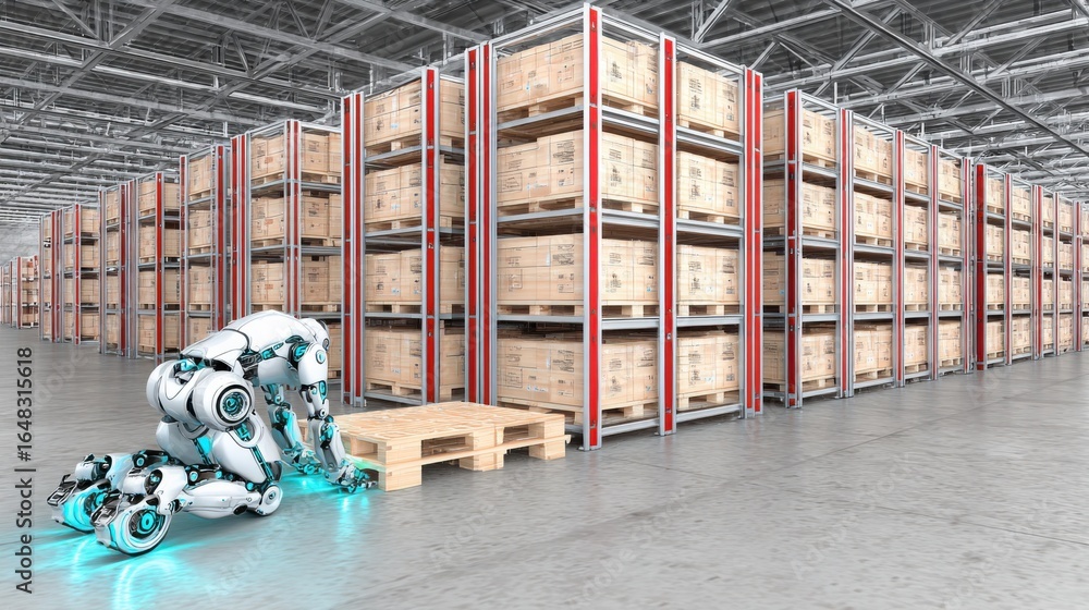Poster robot operating in a warehouse setting streamlining procurement and supply chain operations with art
