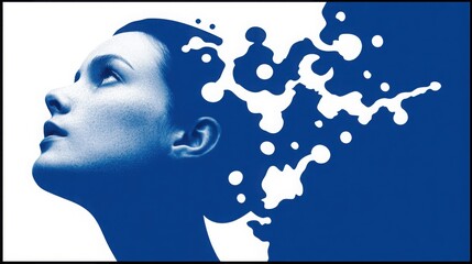Woman's face against a blue background representing minimalistic head concept for artificial intelligence talent matching ideas