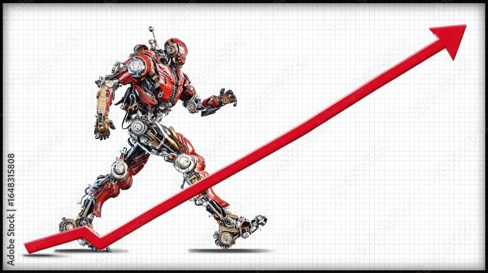 Poster robot sprinting upward along a bold red arrow symbolizing growth in ai trade execution and algorithm