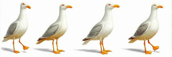 Four seagulls in various walking positions against a white background