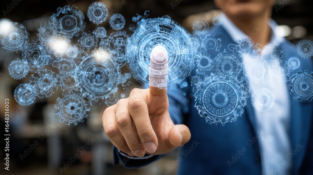 Poster a focused man pointing at a virtual interface displaying information and options in a futuristic env