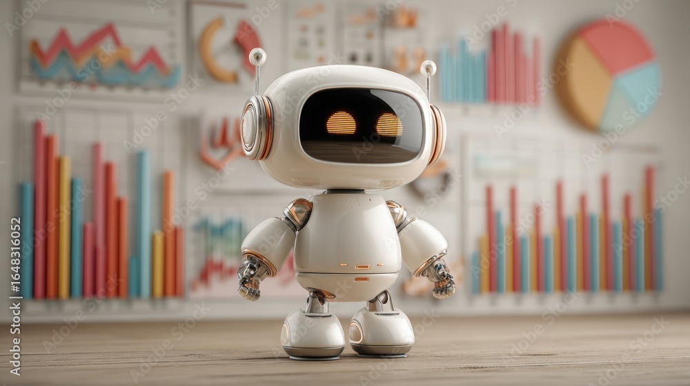 Poster robot standing on a table as automated budget dashboard concept to present financial insights and ma