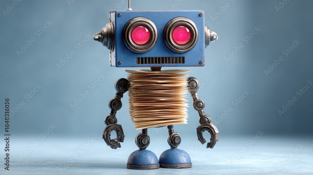 Poster robot with stack of books symbolizing automated billing bot concept for efficient invoice management