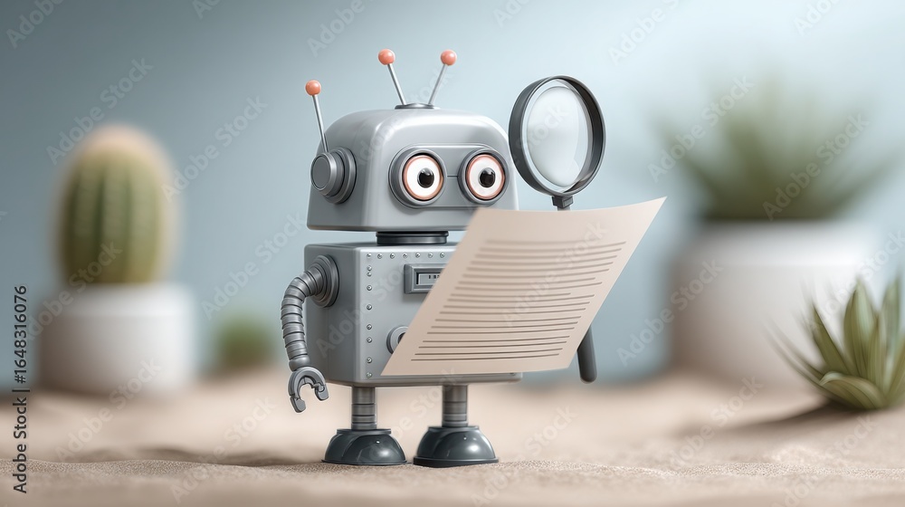 Poster robot holding a piece of paper representing automated business audit concept for conducting financia