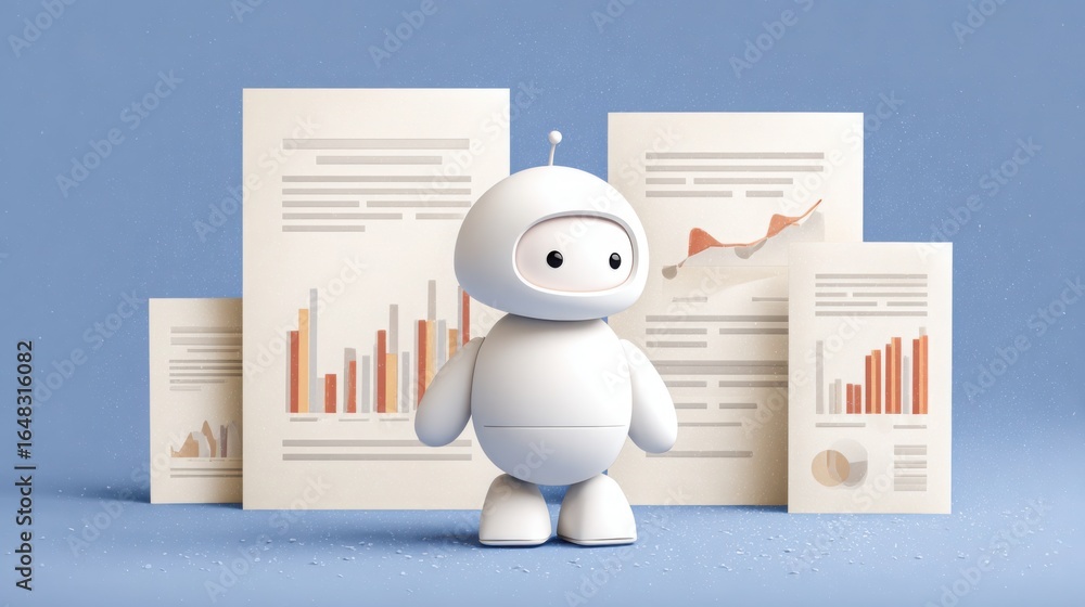 Poster robot standing next to a stack of papers depicting automated business audit concept for conducting f