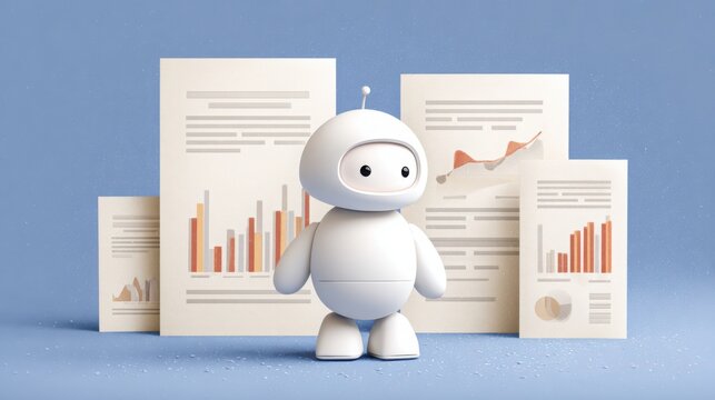 Robot standing next to a stack of papers depicting automated business audit concept for conducting financial reports