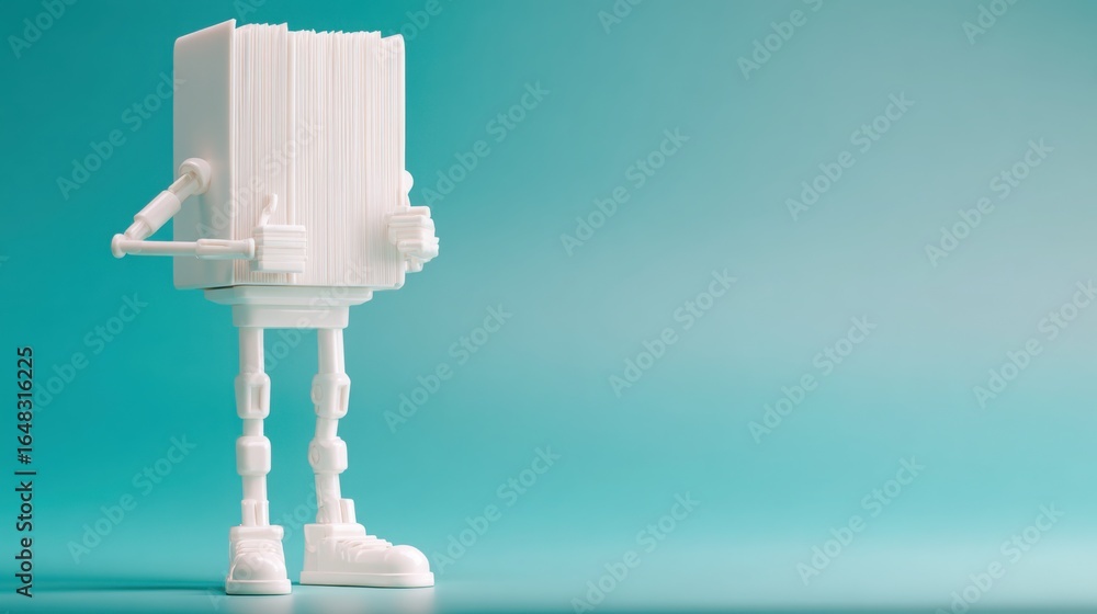 Poster autonomous budget manager robot standing on a table symbolizing financial management solutions in mo