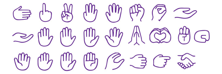 Fingers Actions editable stroke outline web icons set. Fingers, hands, thumb up, ok, point, touch, pray, hand shaking, and like. Vector illustration