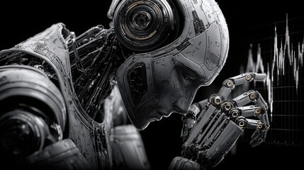 Sleek and futuristic autonomous robot icon concept analyzing market trends against a solid black background