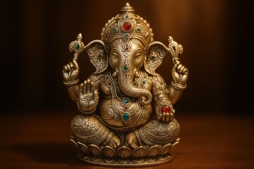 Fototapeta premium Ornate Ganesh Statue Golden Detail Sacred Icon.