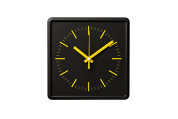 Modern Black Square Wall Clock with Yellow Gold Hands: Minimalist Timepiece Design for Home or Office Decor on transparent background png