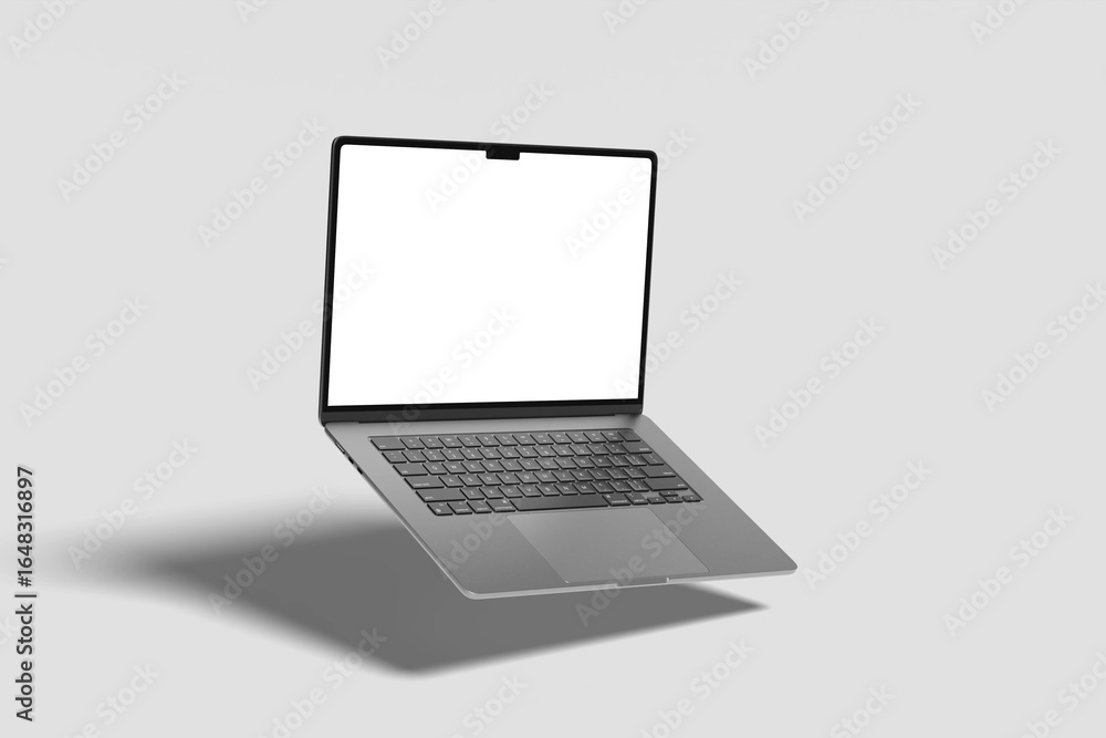 Poster flying laptop mockup with isolated screen and background for web design and ux ui. macbook pro 16