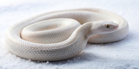 Fototapeta premium Sleek white snake coiled on a snowy white background