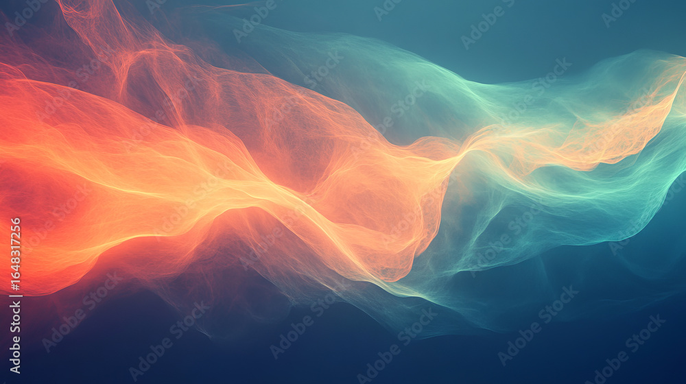 Poster abstract swirling forms of orange and teal, merging in a dynamic display