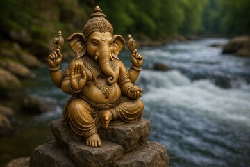 Fototapeta premium Sacred Ganesha Statue Meditating in Serene Tranquility by a Flowing Forest River.