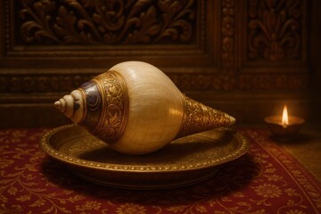 Ornate Shankha Conch Shell on Brass Plate with Glowing Diya Lamp Symbolizing Hindu Spirituality.