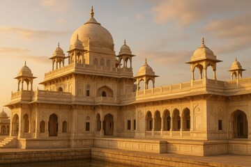 Majestic Indian Palace Architecture at Sunset with Reflecting Pool.