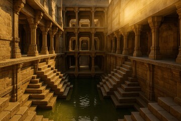 Subterranean Grandeur: Warm Light Illuminates an Ancient Indian Stepwell.