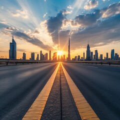 Dramatic Dubai Skyline at Sunset with Leading Road