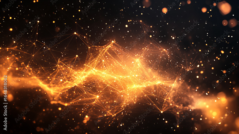 Poster abstract network of interconnected points and lines, glowing with warm orange light against a dark b