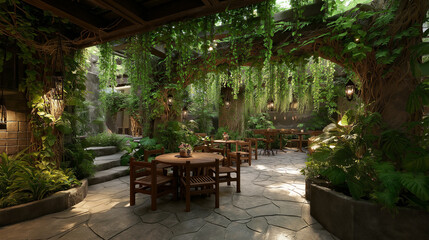 Obraz premium Modern open air cafe design greenery decor wooden table chair natural stylish.