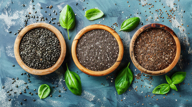 Chia, basil, and black cumin seeds scattered on soft pastel matte texture, glowing light, high detail, top view