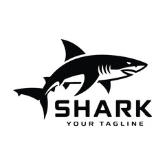 Sleek black shark silhouette with bold typography logo white